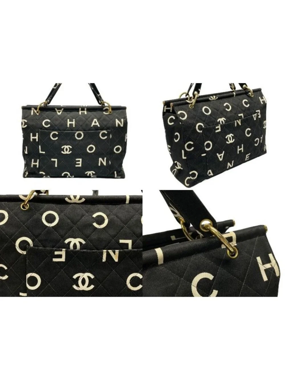 Chanel By Sea Line Tote Bag CC Logo Icon Cotton Canvas Black Gold